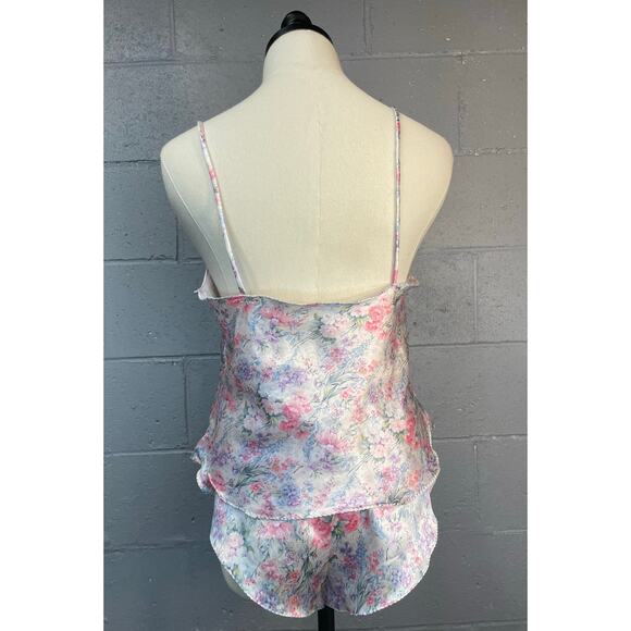 Vintage 80s Two Piece Camisole Flutter Shorts Lingerie Set Pastel Floral Satin - Picture 5 of 10